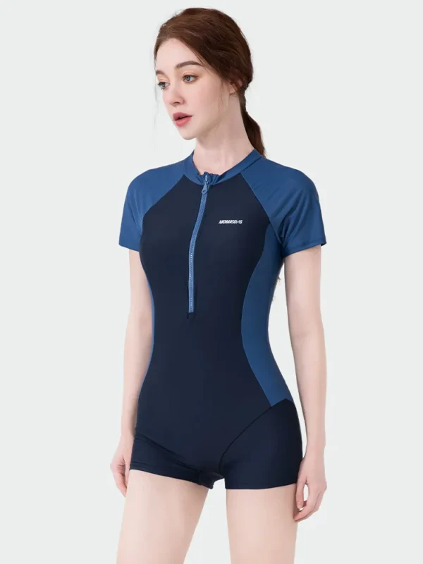 New Women's One-piece Swimming Suit Short Sleeve Boxers Swimwear Quick-dry  Front Zip Thin Swimsuit Fashion  Summer Beach Suit 1